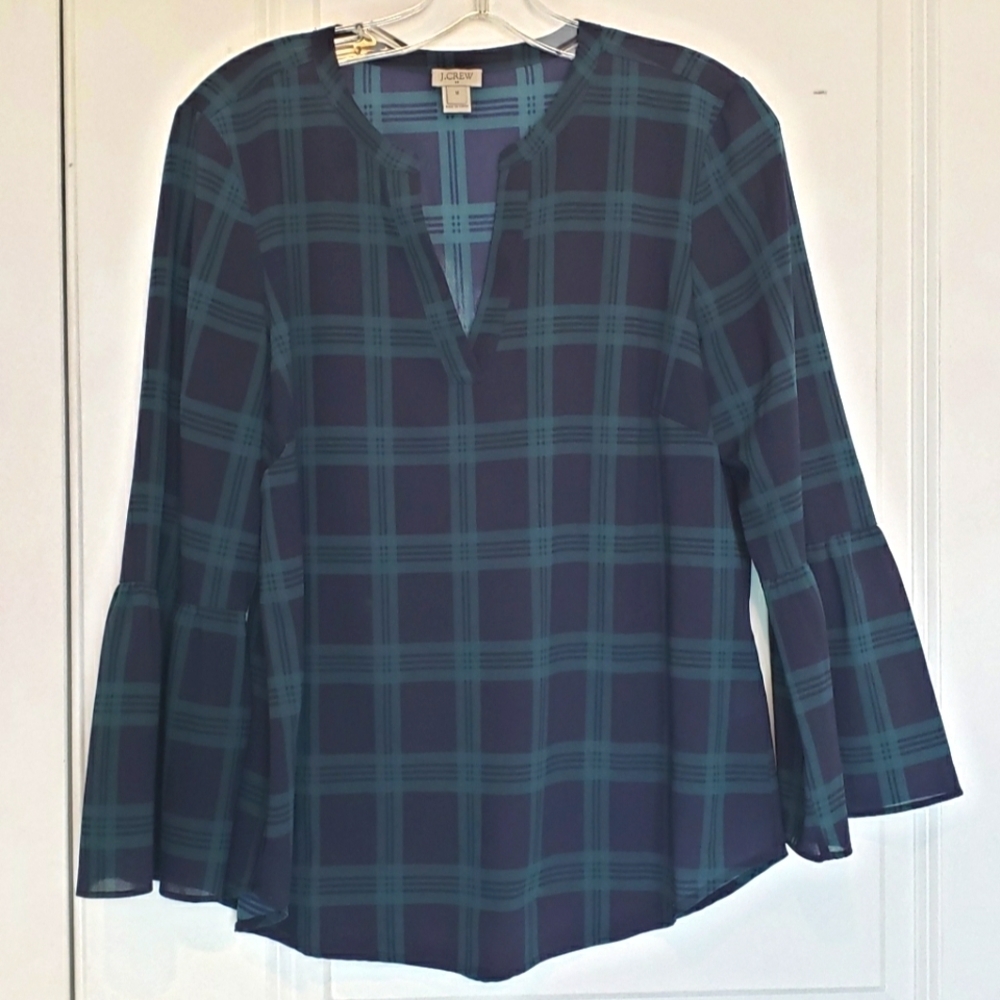 J. Crew Factory Navy Green Plaid Bell Ruffle Sleeve Blouse M